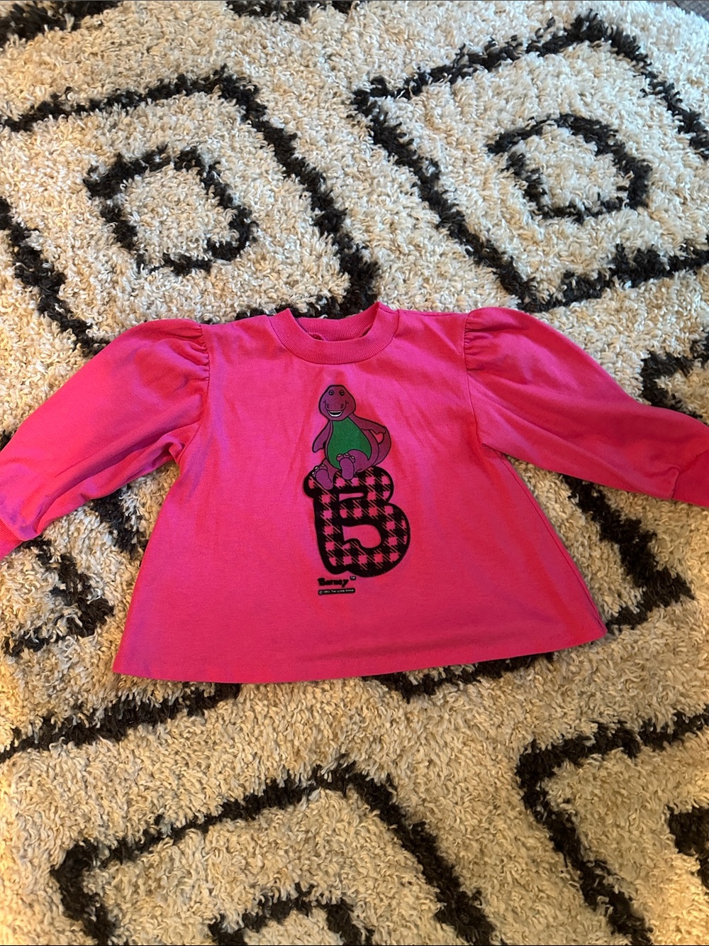 Vintage 1990s Barneys New York Hot Pink Graphic Long-Sleeve Top with Puff Sleeve